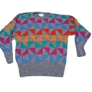 Vintage E’Ma Made in USA Color Block Geometric Triangle‎ Knit Sweater 80s Large